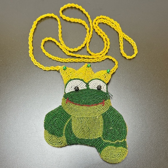 Vtg Prince King Happy Beaded Frog Small Change Zip Purse Crossbody Gold Crown - Picture 11 of 11